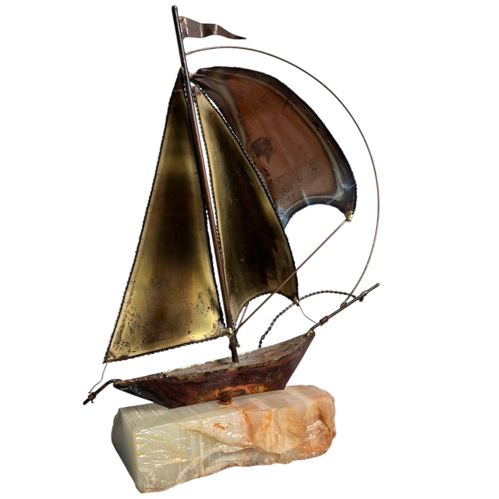 Vintage Sailboat Sculpture Brass on Onyx Base 11" Nautical Table Shelf Decor‎
